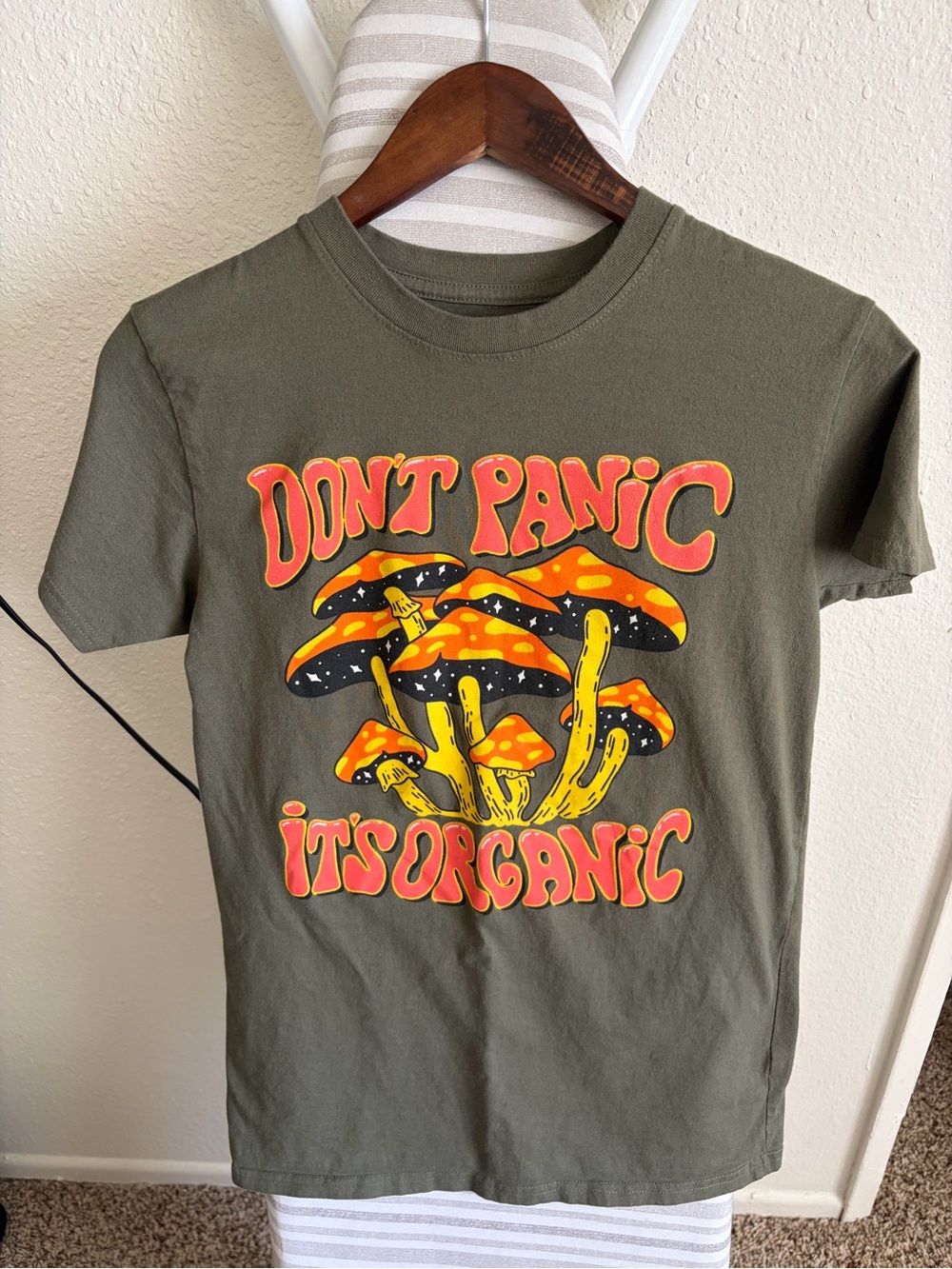 Olive Green Graphic Tee with Retro Mushroom Print